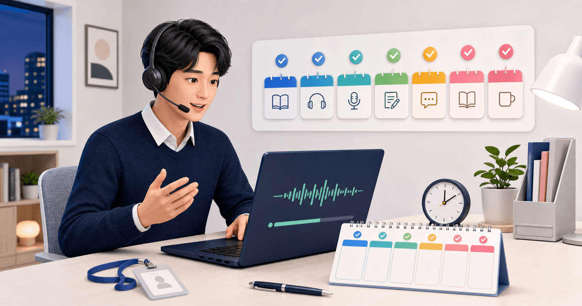 퇴근 후 헤드셋을 쓰고 노트북으로 토익스피킹을 연습하는 직장인과 7일 학습 달력, 시계를 배치한 이미지
